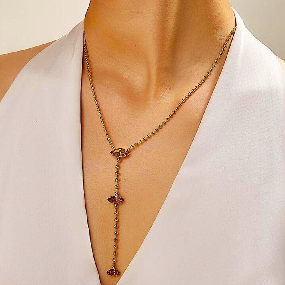 Gold Beaded Gemstone Y Lariat Necklace, Citrine, Pink Stone